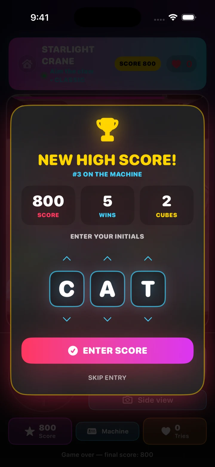 An Arcade game ending with a new high score