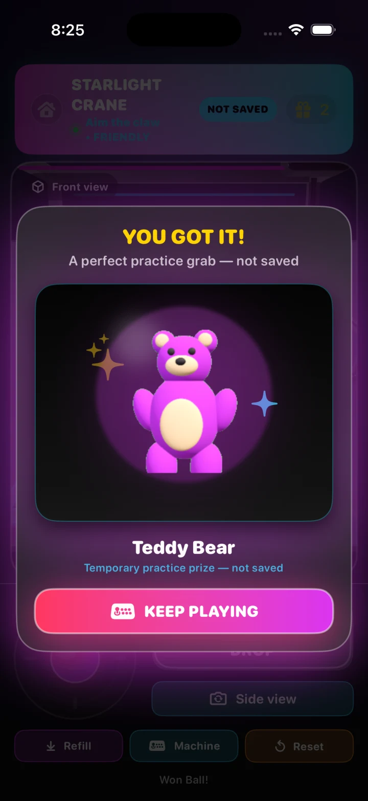 A teddy bear prize won in Starlight Crane